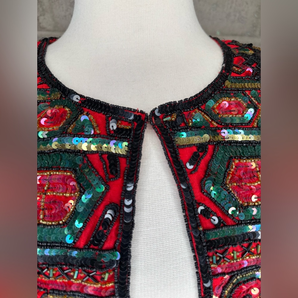 Vintage Papell Boutique Evening Beaded Sequin Jacket Bolero Red Art Deco Glam - Picture 8 of 9
